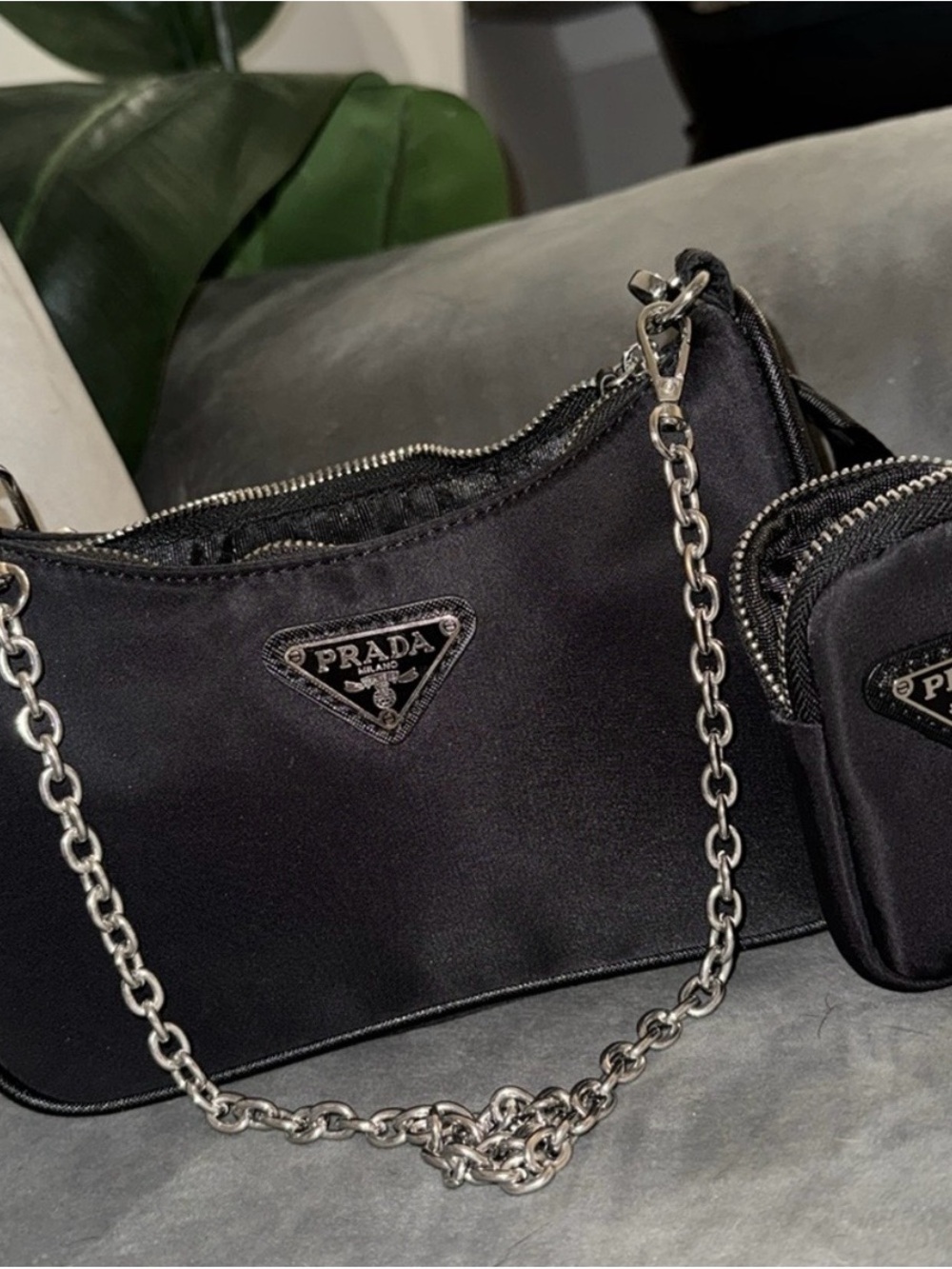 Fashion designer Black Nylon Shoulder Bag with Silver Chain
